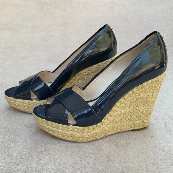 MICHAEL Michael Kors Navy Blue Leather Patent Espadrille Wedges Sz8 - Picture 2 of 16